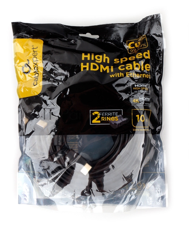 Кабель HDMI Cablexpert CCF2-HDMI4-10M, 19M/19M, v2.0, медь, позол.разъемы, экран, 2 фер.кольца, 10м, черный, пакет