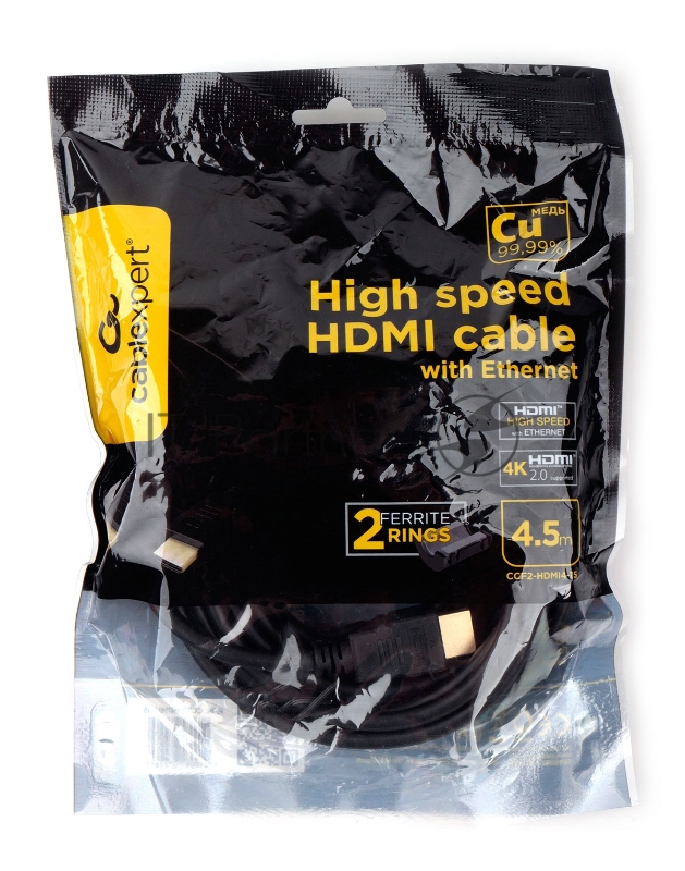 Кабель HDMI Cablexpert CCF2-HDMI4-15, 19M/19M, v2.0, медь, позол.разъем, экран, 2 фер.кольца, 4.5м, черный, пакет