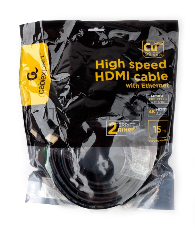 Кабель HDMI Cablexpert CCF2-HDMI4-15M, 19M/19M, v2.0, медь, позол.разъемы, экран, 2 фер.кольца, 15м, черный, пакет
