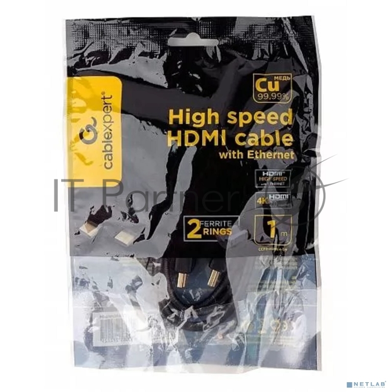 Кабель HDMI Cablexpert CCF2-HDMI4-1M, 19M/19M, v2.0, медь, позол.разъемы, экран, 2 фер.кольца, 1м, черный, пакет