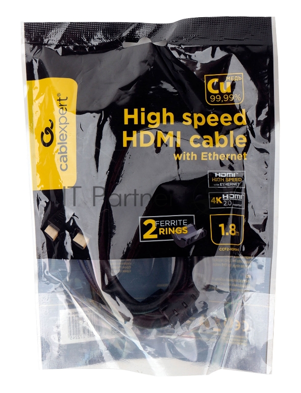 Кабель HDMI Cablexpert CCF2-HDMI4-6, 19M/19M, v2.0, медь, позол.разъемы, экран, 2 фер.кольца, 1,8м, черный, пакет