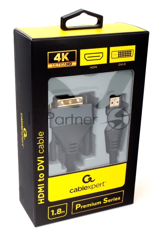 Кабель HDMI-DVI Cablexpert CC-HDMI-DVI-4K-6, 19M/19M, single link, 4K, медь, нейлоновая оплетка, метал.разъемы, 1.8м, черный, коробка