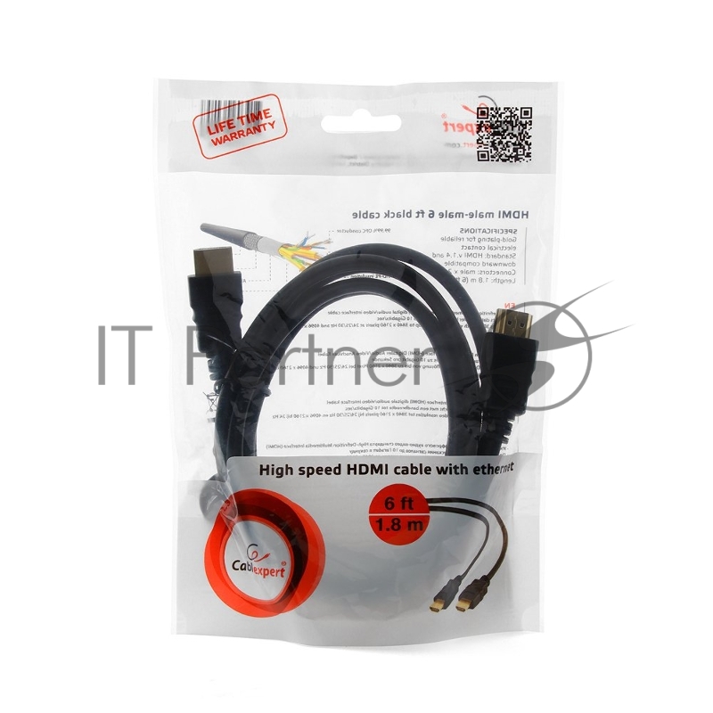 Кабель HDMI Cablexpert CC-HDMI4-6, 19M/19M, v2.0, медь, позол.разъемы, экран, 1.8м, черный, пакет