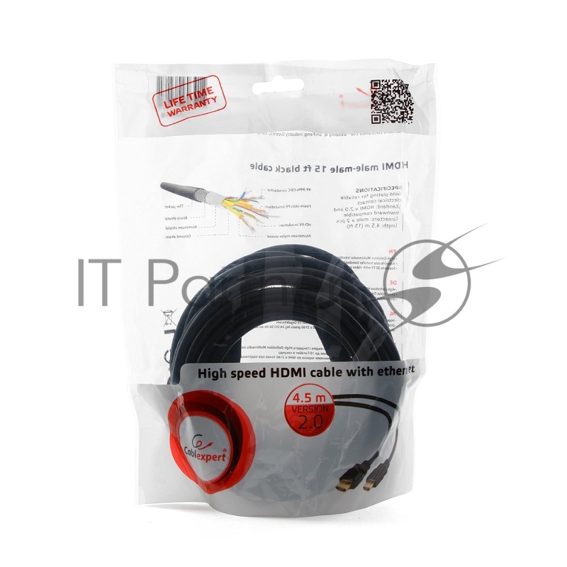 Кабель HDMI Cablexpert CC-HDMI4-15, 19M/19M, v2.0, медь, позол.разъемы, экран, 4.5м, черный, пакет