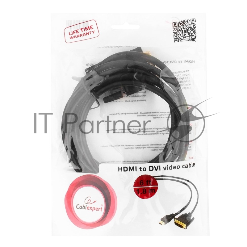 Кабель HDMI-DVI Cablexpert CC-HDMI-DVI-6, 19M/19M, single link, медь, позол.разъемы, экран, 1.8м, черный, пакет