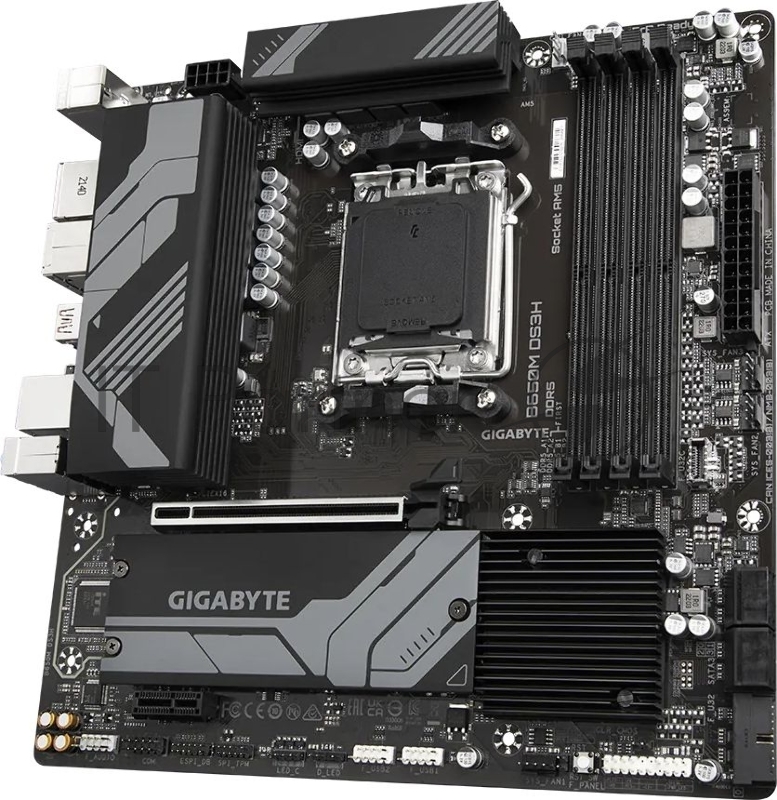 Материнская плата Gigabyte B650M DS3H (V1.3), Socket AM5, AMD B650, 4xDDR5-5200, HDMI+DP+DP, 1xPCI-Ex16, 1xPCI-Ex1, 4xSATA3(RAID 0/1/10), 2xM.2, 8 Ch Audio, 2.5GLan, (4+4)xUSB2.0, (3+2)xUSB3.2, (1+1)xUSB3.2 Type-C™, 1xPS/2, mATX, RTL