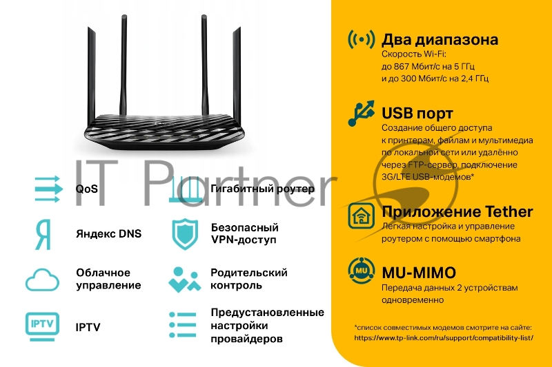 Роутер беспроводной TP-Link Archer C6U AC1200 10/100/1000BASE-TX/4G ready черный