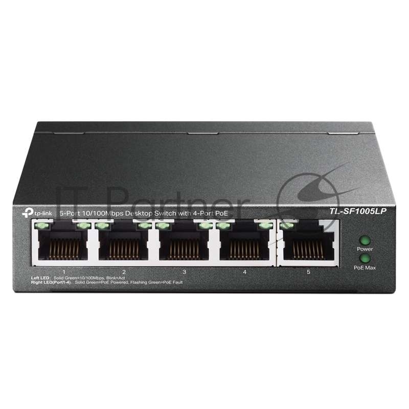 Коммутатор 5-Port 10/100Mbps Unmanaged Switch with 4-Port PoE, meta case, desktop mount, PoE budget 41W.