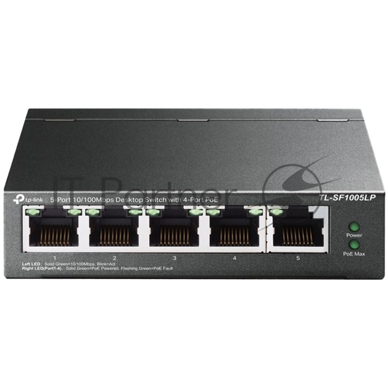 Коммутатор 5-Port 10/100Mbps Unmanaged Switch with 4-Port PoE, meta case, desktop mount, PoE budget 41W.