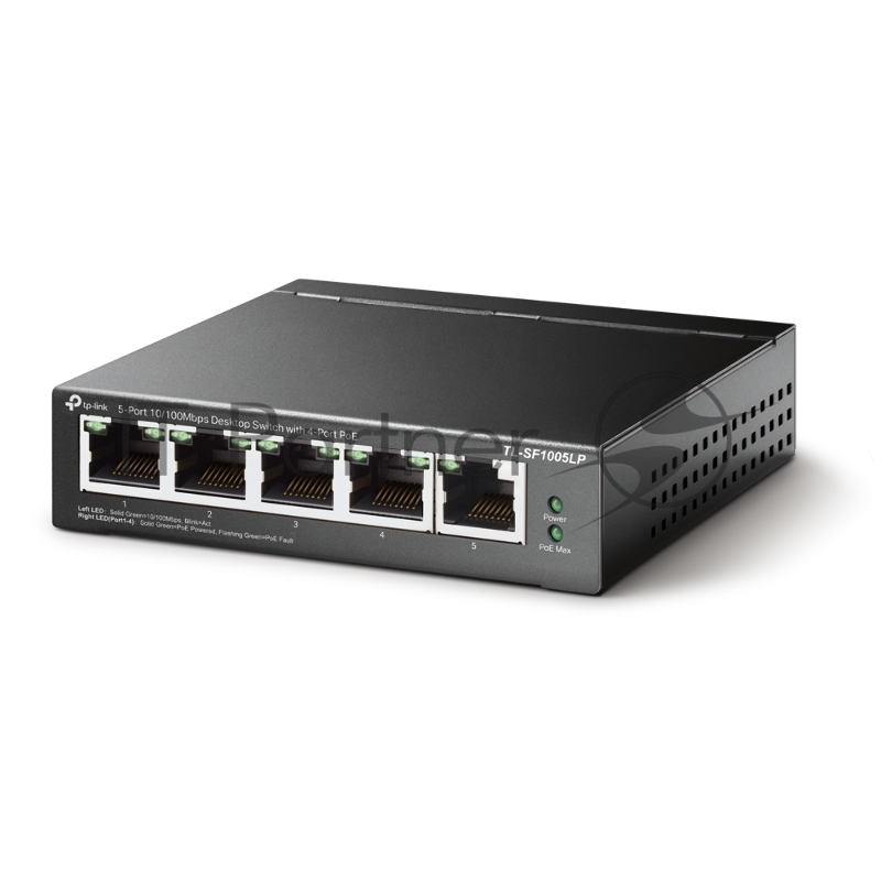 Коммутатор 5-Port 10/100Mbps Unmanaged Switch with 4-Port PoE, meta case, desktop mount, PoE budget 41W.