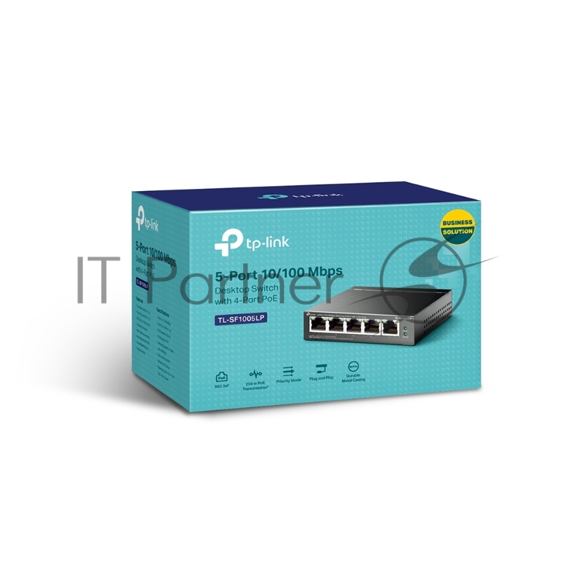 Коммутатор 5-Port 10/100Mbps Unmanaged Switch with 4-Port PoE, meta case, desktop mount, PoE budget 41W.