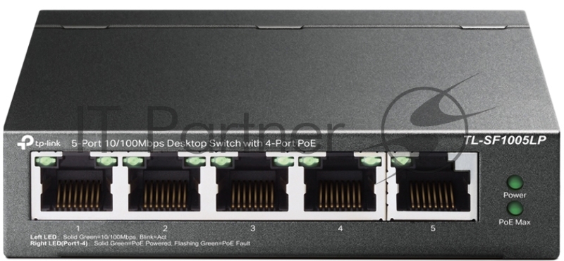 Коммутатор 5-Port 10/100Mbps Unmanaged Switch with 4-Port PoE, meta case, desktop mount, PoE budget 41W.