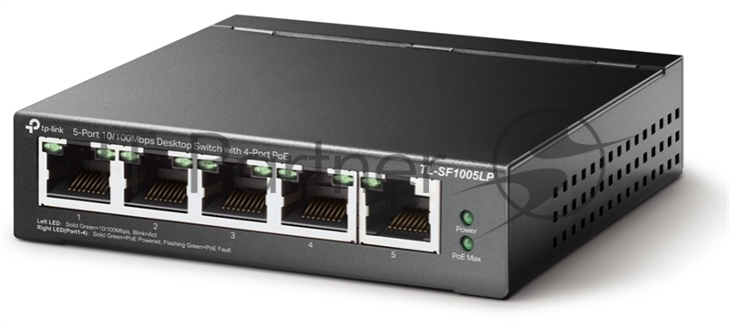 Коммутатор 5-Port 10/100Mbps Unmanaged Switch with 4-Port PoE, meta case, desktop mount, PoE budget 41W.