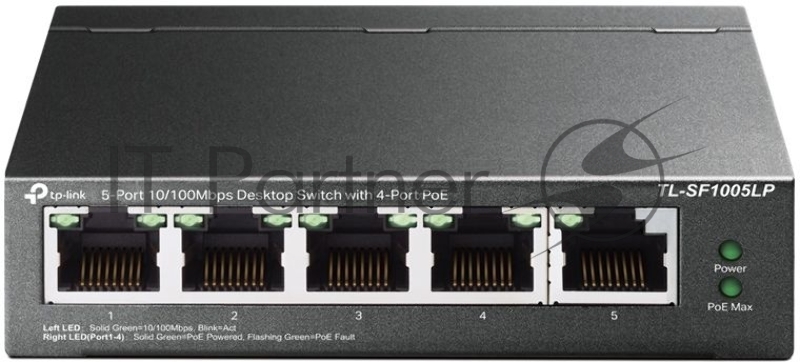 Коммутатор 5-Port 10/100Mbps Unmanaged Switch with 4-Port PoE, meta case, desktop mount, PoE budget 41W.