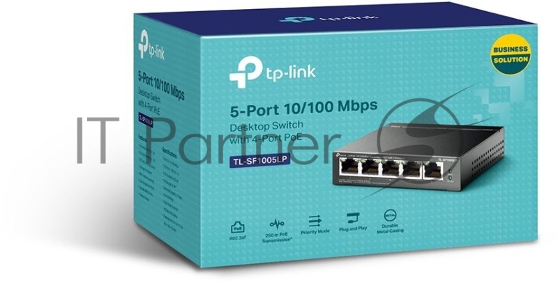 Коммутатор 5-Port 10/100Mbps Unmanaged Switch with 4-Port PoE, meta case, desktop mount, PoE budget 41W.
