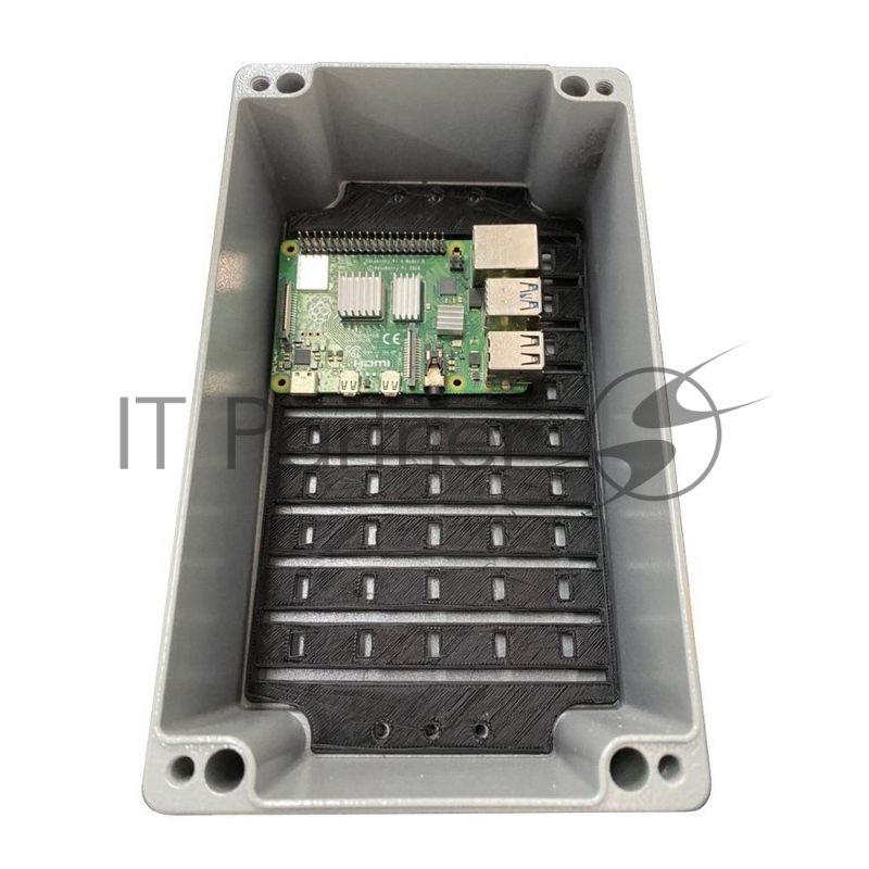 Корпус ACD XG387 Metal case IP65, 200*120*80mm, металлический, 3 отверстия (28 + 28 + 23мм) с резиновыми заглушками, цвет серебристый, совместим с Raspberry Pi 3B, 3B+, 4, Orange Pi