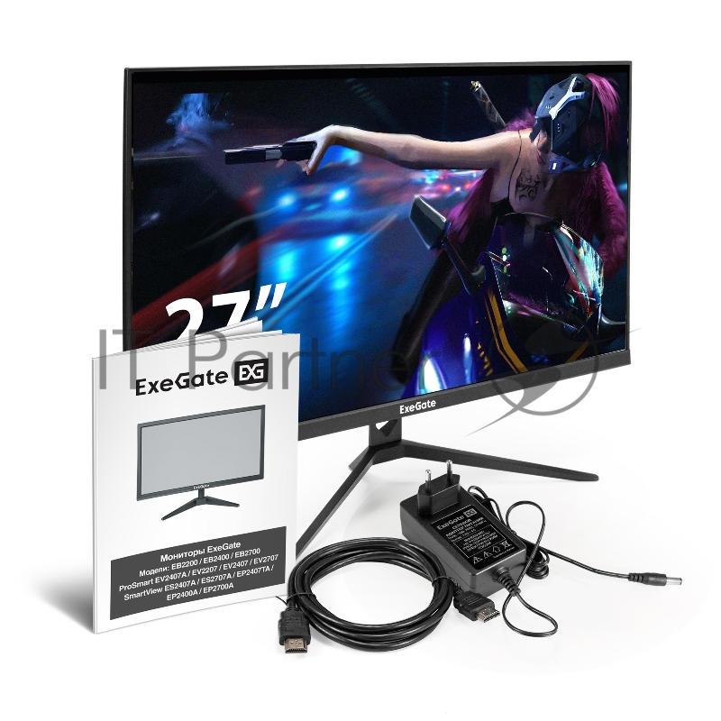 Монитор 27 ExeGate ProSmart EZ2707A (IPS 1920x1080@75Гц, 16:9, 280cd/m2, 3000:1, 178°/178°, 5ms, Speakers, D-Sub, HDMI1.4, FreeSync, Low Blue Light, кабель HDMI 1.5м, VESA 75x75, регулировка наклона, черный)