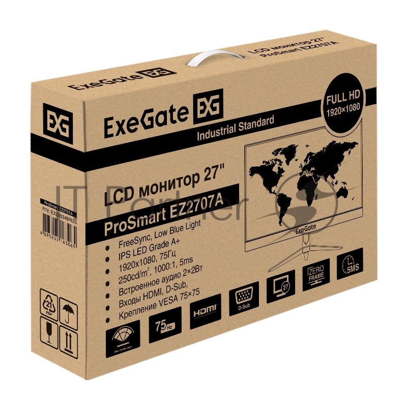Монитор 27 ExeGate ProSmart EZ2707A (IPS 1920x1080@75Гц, 16:9, 280cd/m2, 3000:1, 178°/178°, 5ms, Speakers, D-Sub, HDMI1.4, FreeSync, Low Blue Light, кабель HDMI 1.5м, VESA 75x75, регулировка наклона, черный)