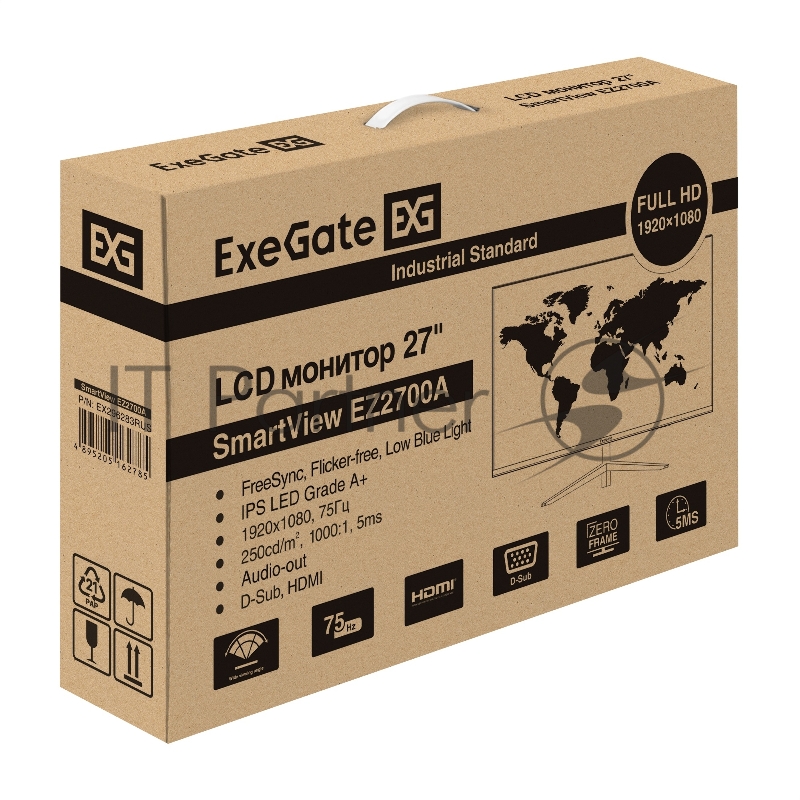 Монитор 27 ExeGate SmartView EZ2700A (IPS, 1920x1080@75Гц, 16:9, 250cd/m2, 1000:1, 178°/178°, 5ms, D-Sub, HDMI1.4, Audio-out, FreeSync, Flicker-free, Low Blue Light, кабель HDMI 1.5м, VESA, регулировка наклона, черный)