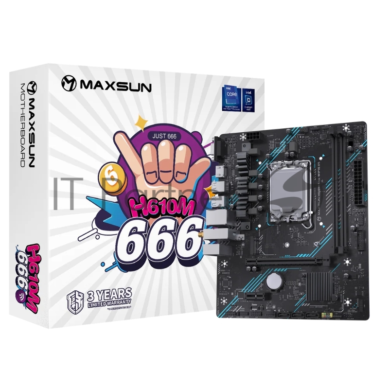 Материнская плата Maxsun MS-H610M 666 WIFI6 D5 LGA1700 H610 2*DDR5 1*PCIEx16/ 1*PCIEx1/ 1*M.2 Front2*USB3.2 Gen1/ 2*USB2.0 Rear3*USB2.0 / 2*USB3.2 Gen1 3*SATA3 1G VGA+HDMI M-ATX RTL