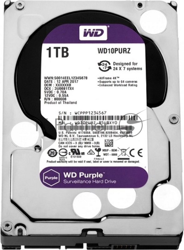 Жесткий диск WD 1Tb WD10PURZ Purple, SATA III <5400rpm, 64Mb> 3.5