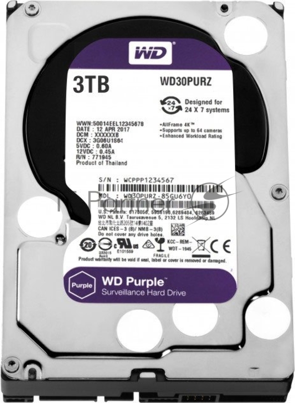 Жесткий диск Western Digital Original SATA-III 3Tb WD30PURZ Video Purple (5400rpm) 64Mb 3.5