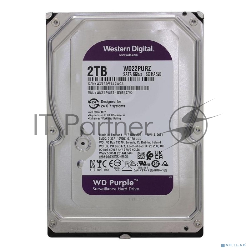 Жесткий диск Western Digital 2Tb 5400rpm WDC PURPLE WD22PURZ SATA 6GB/S 256MB