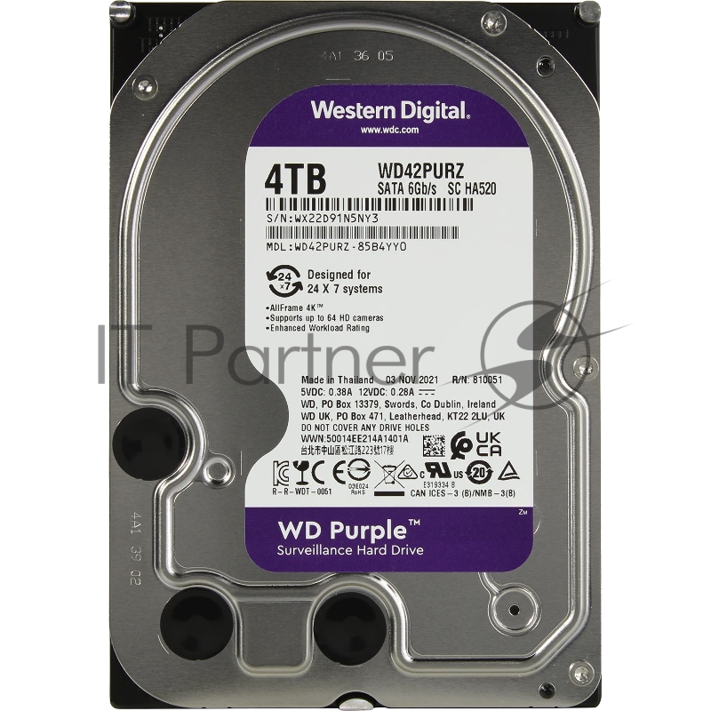 Жесткий диск Western Digital SATA 4TB WDC PURPLE WD42PURZ 6GB/S 256MB