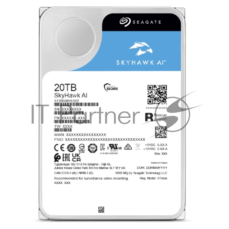 Жесткий диск Seagate SkyHawk AI ST20000VE002 20TB, 3.5, 7200 RPM, SATA-III, 512e, 256MB, для систем видеонаблюдения