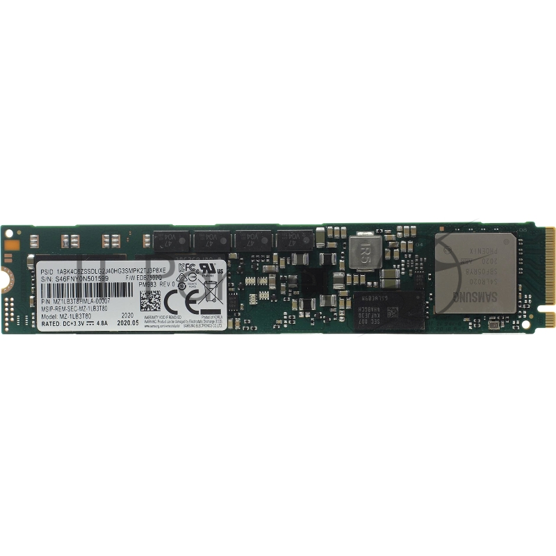 Накопитель Samsung Enterprise SSD, M.2, PM983, 3840GB, NVMe/PCIE 3.1 x4, R3000/W1400Mb/s, IOPS(R4K) 480K/42K, MTBF 2M, 1.3 DWPD, 3 years