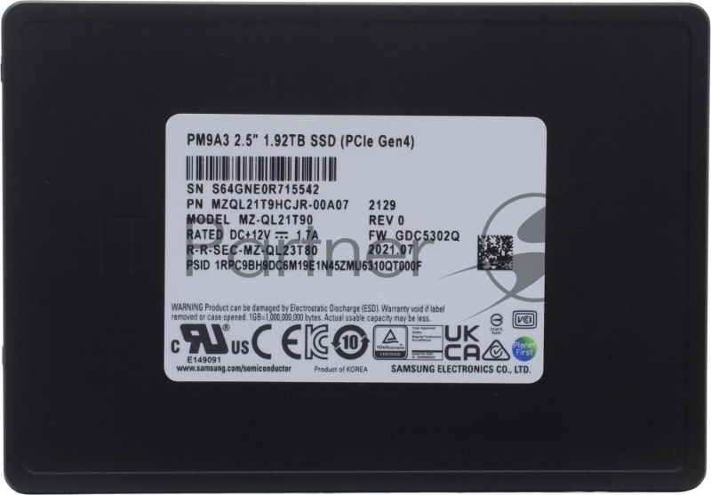 Твердотельный накопитель SSD Samsung Enterprise, 2.5(SFF/U.2), PM9A3, 1920GB, NVMe/PCIE 3.1 x4, R3200/W2000Mb/s, IOPS(R4K) 540K/50K, MTBF 2M, 1.3 DWPD, OEM, 3 years, ( analog MZQLB1T9HAJR-00007)