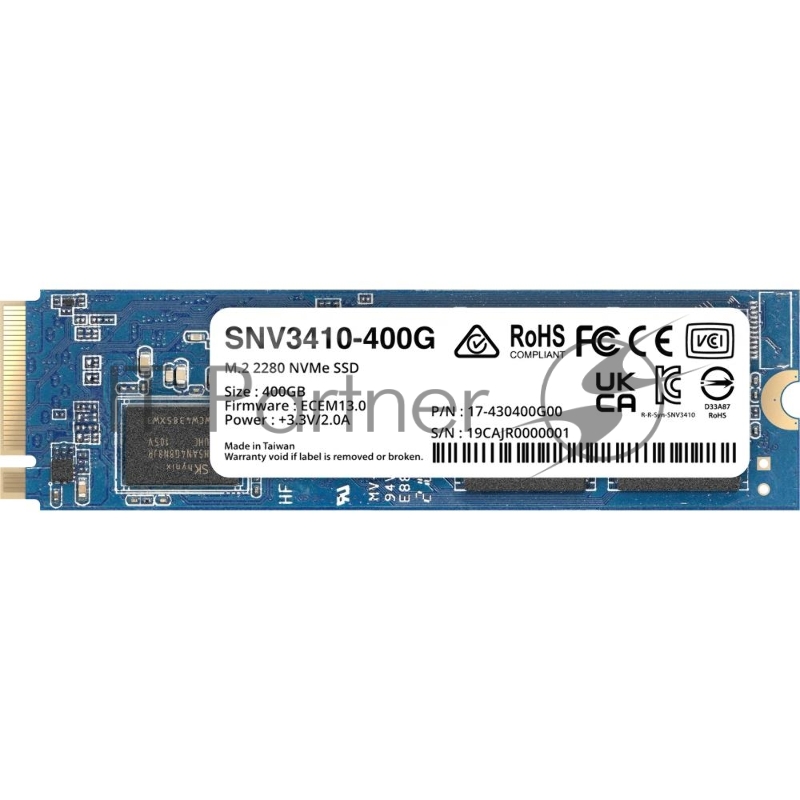 Накопитель Synology SSD SNV3000 Series PCIe 3.0 x4 ,M.2 2280, 400GB, R3000/W750 Mb/s, IOPS 225K/45K, MTBF 1,8M repl SNV3400-400G
