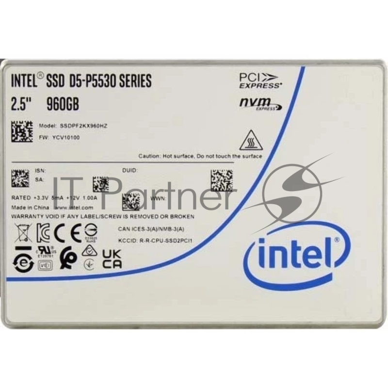 Накопитель Intel SSD D5-P5530 Series, 960GB, U.2(2.5 15mm), NVMe, PCIe 4.0 x4, TLC, R/W 5500/1600MB/s, IOPs 300 000/75 000, TBW 1700, DWPD1 (12 мес.)
