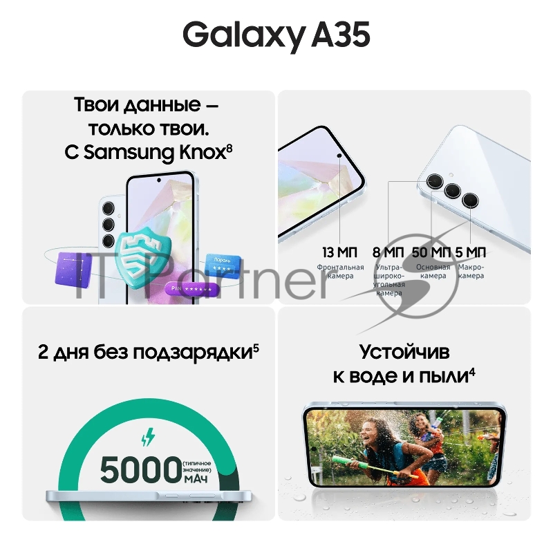 Смартфон Samsung SM-A356E Galaxy A35 5G 128Gb 8Gb голубой моноблок 3G 4G 2Sim 6.6 1080x2340 Android 14 50Mpix 802.11 a/b/g/n/ac/ax NFC GPS GSM900/1800 GSM1900 TouchSc Protect microSD max1024Gb