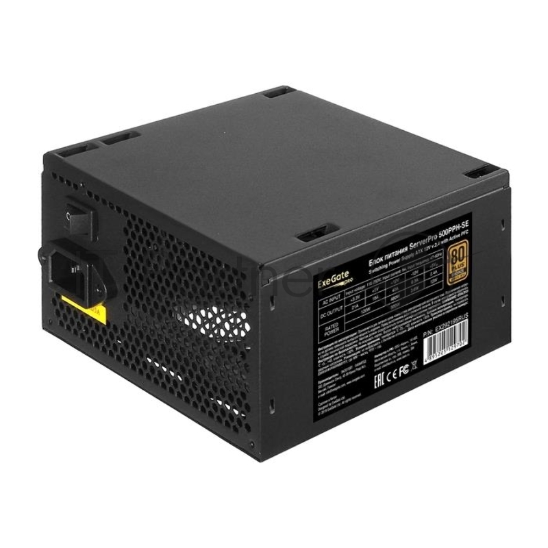 Серверный БП 500W ExeGate ServerPRO 80 PLUS® Bronze 500PPH-SE (ATX, for 3U+ cases, APFC, КПД 89% (80 PLUS Bronze), 12cm fan, 24p, (4+4)p, PCIe, 5SATA, 3IDE, black)