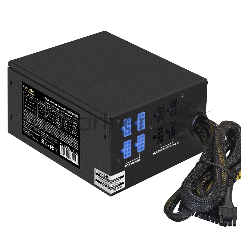 Серверный БП 1100W ExeGate EX292215RUS ServerPRO-1100RADS (ATX, for 3U+ cases, КПД 82% (80 PLUS), 14cm fan, 24pin, 2(4+4)pin, 6xPCIe, 8xSATA, 4xIDE, Cable Management, black)