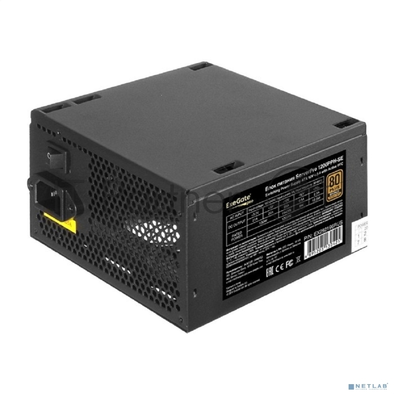 Серверный БП 1200W ExeGate EX292196RUS ServerPRO 80 PLUS® Bronze 1200PPH-SE (ATX, for 3U+ cases, APFC, КПД 89% (80 PLUS Bronze), 12cm fan, 24pin, 2x(4+4)p, 6xPCI-E, 8xSATA, 4xIDE, box, black)
