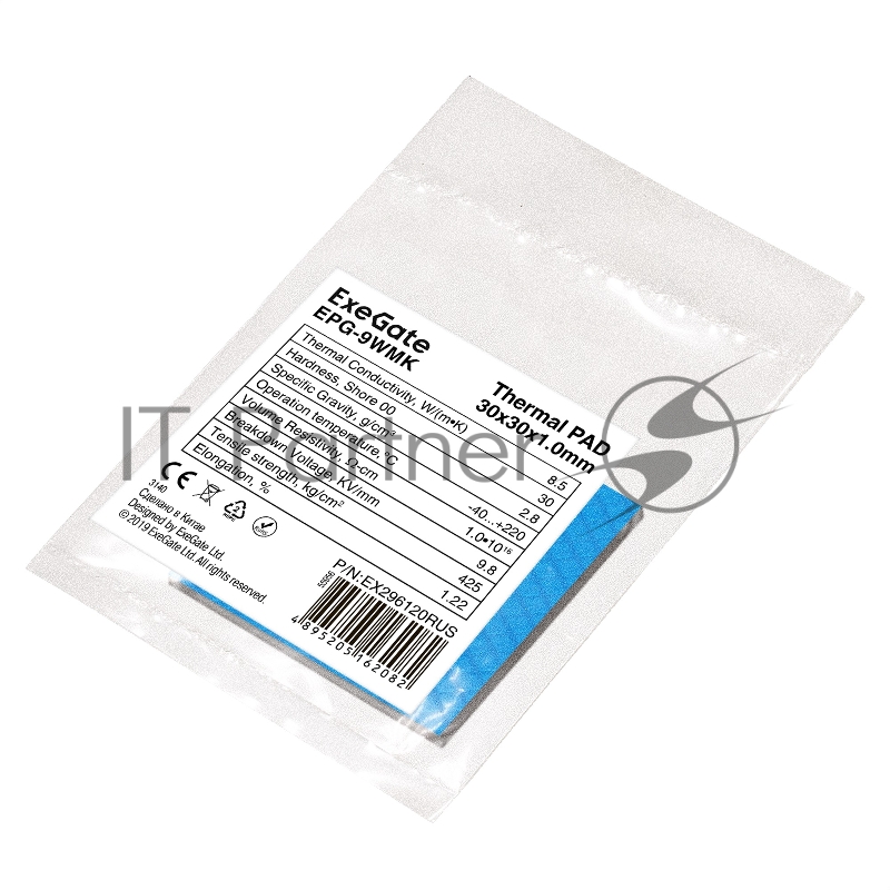 Термопрокладка ExeGate EPG-9WMK (30x30x1.0 mm, 8,5 Вт/ (м•К), теплопроводящая клейкая двухсторонняя)