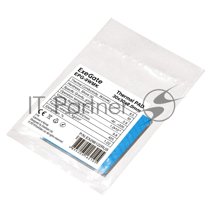 Термопрокладка ExeGate EPG-9WMK (30x30x2.0 mm, 8,5 Вт/ (м•К), теплопроводящая клейкая двухсторонняя)