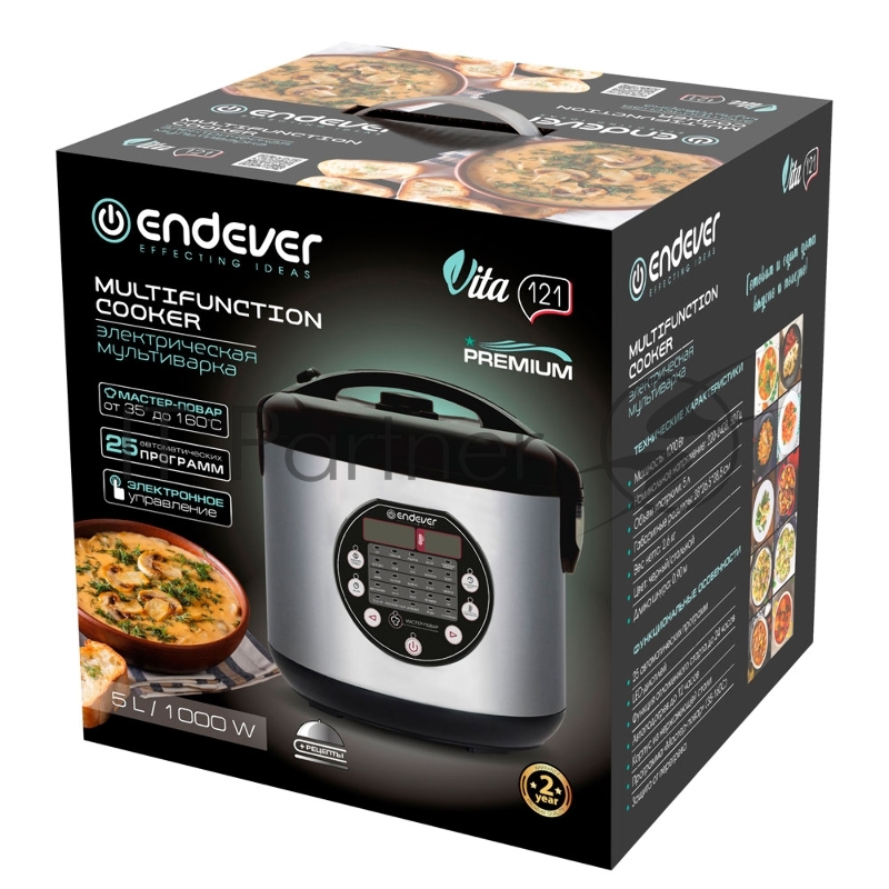 Мультиварка электрическая Endever Vita-121, черный/стальной, мощность 1000 Вт, емкость 5л, 25 авторежимов работы,книга рецептов, 4 шт/уп.