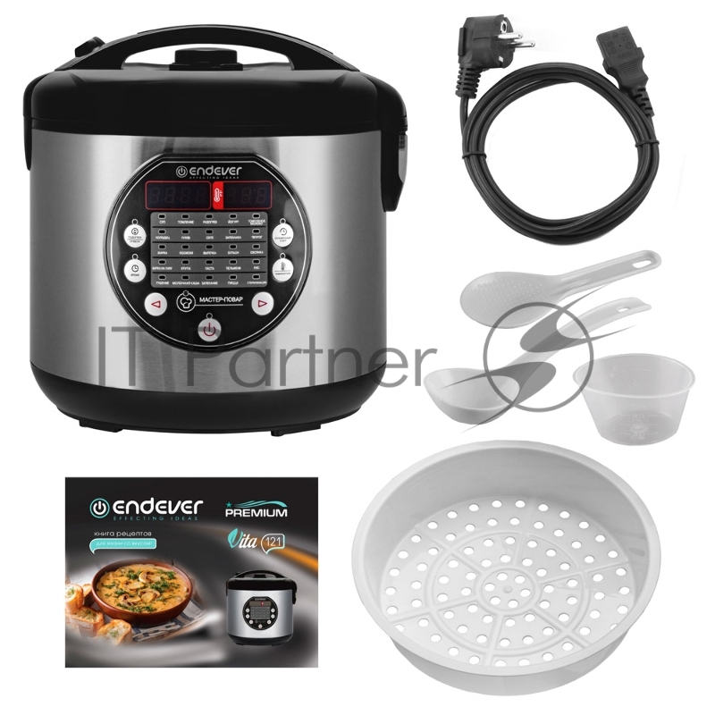 Мультиварка электрическая Endever Vita-121, черный/стальной, мощность 1000 Вт, емкость 5л, 25 авторежимов работы,книга рецептов, 4 шт/уп.