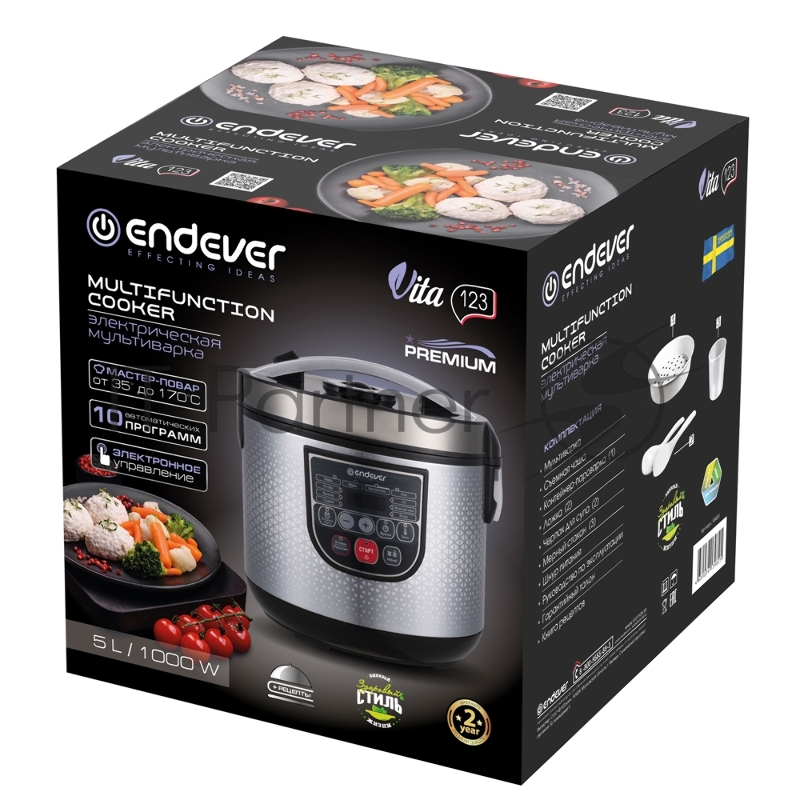Мультиварка электрическая Endever Vita-123, стальной, мощность 1000 Вт, емкость 5л, 10 авторежимов работы,книга рецептов, 4 шт/уп.