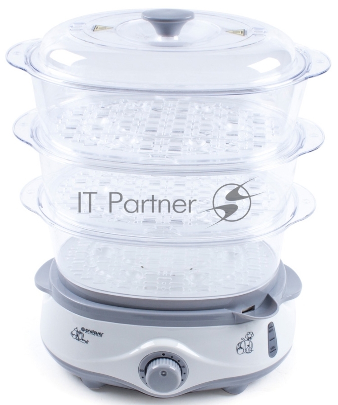 Пароварка Endever Vita-170, белый/серый, мощность 1000 Вт, объем 11 л, три уровня готовки, индикатор питания, контроль уровня воды, таймер с отключени