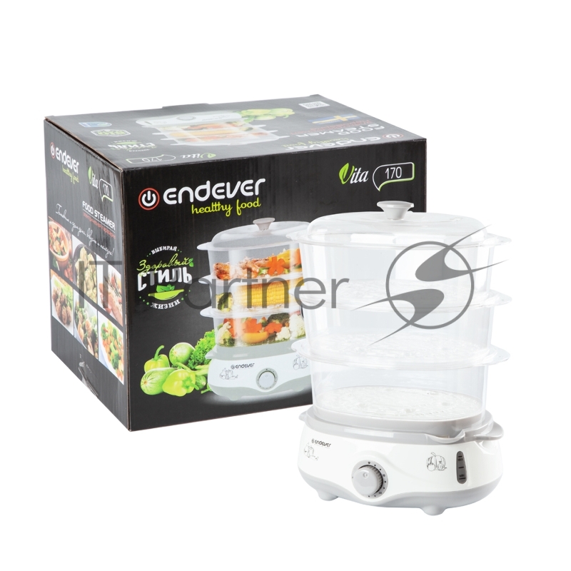 Пароварка Endever Vita-170, белый/серый, мощность 1000 Вт, объем 11 л, три уровня готовки, индикатор питания, контроль уровня воды, таймер с отключени