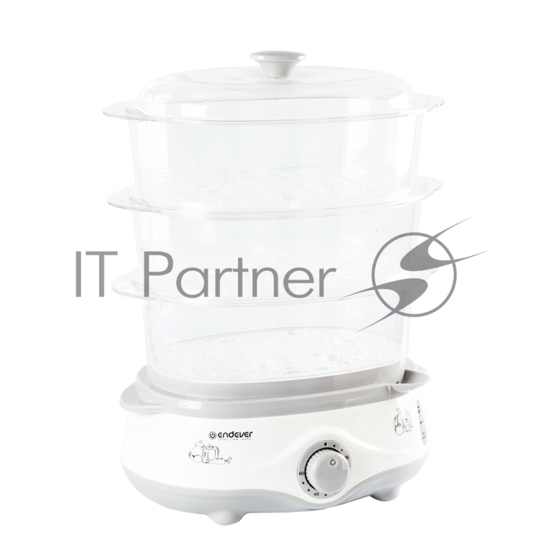 Пароварка Endever Vita-170, белый/серый, мощность 1000 Вт, объем 11 л, три уровня готовки, индикатор питания, контроль уровня воды, таймер с отключени