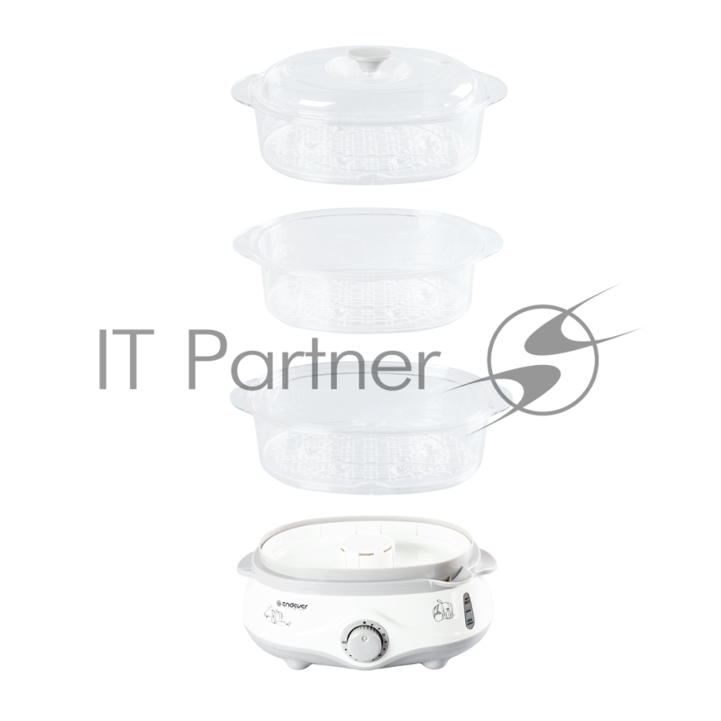 Пароварка Endever Vita-170, белый/серый, мощность 1000 Вт, объем 11 л, три уровня готовки, индикатор питания, контроль уровня воды, таймер с отключени