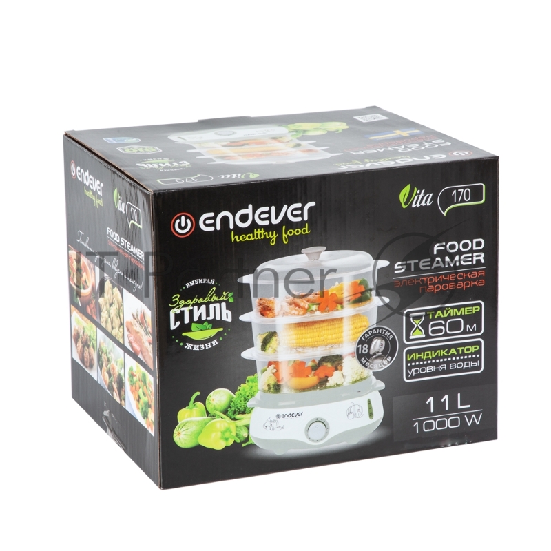 Пароварка Endever Vita-170, белый/серый, мощность 1000 Вт, объем 11 л, три уровня готовки, индикатор питания, контроль уровня воды, таймер с отключени