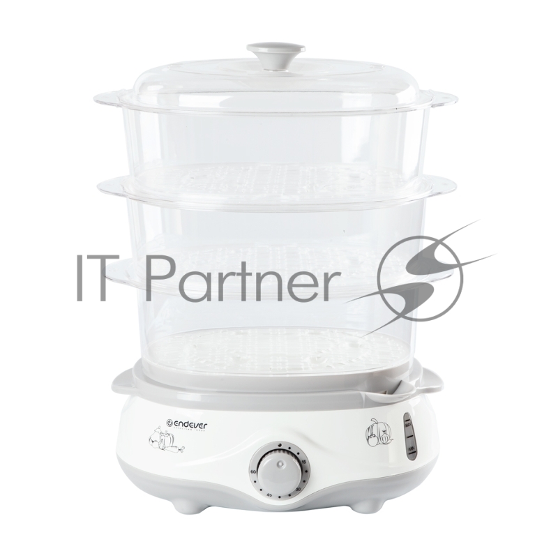 Пароварка Endever Vita-170, белый/серый, мощность 1000 Вт, объем 11 л, три уровня готовки, индикатор питания, контроль уровня воды, таймер с отключени