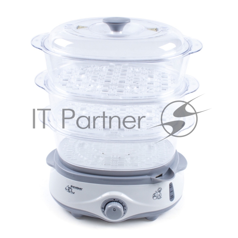 Пароварка Endever Vita-170, белый/серый, мощность 1000 Вт, объем 11 л, три уровня готовки, индикатор питания, контроль уровня воды, таймер с отключени