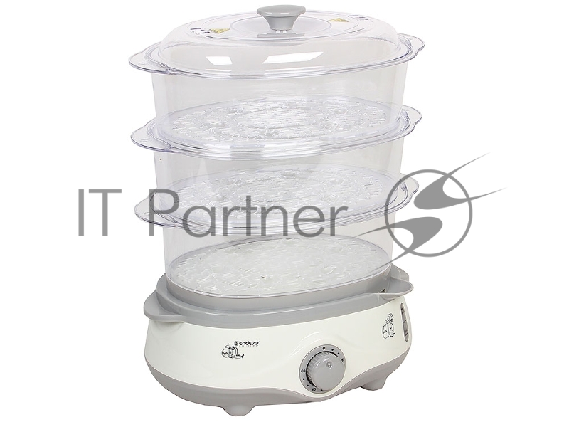 Пароварка Endever Vita-170, белый/серый, мощность 1000 Вт, объем 11 л, три уровня готовки, индикатор питания, контроль уровня воды, таймер с отключени